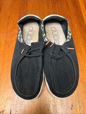 Hey Dude Black Slip-On Loafers with Leopard Trim